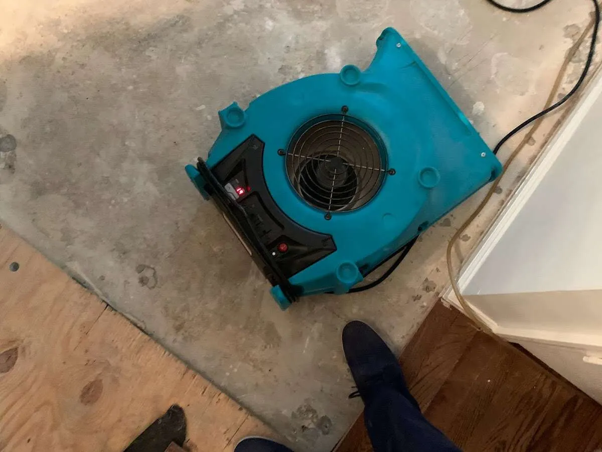 Air mover drying subfloor during Leak Detection & Repair in Painesville